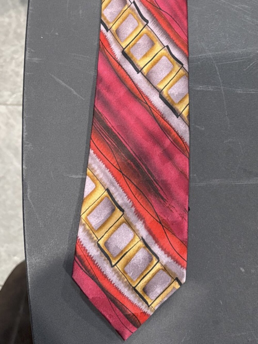 JERRY J. GARCIA Red Geo Designer Necktie,Man With Green Turtleneck,Grateful Dead
